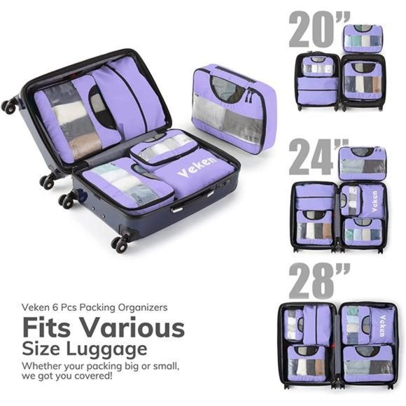 6 Pc Set Packing Cubes Luggage Packing Organizers for Travel Accessories Purple - Picture 2 of 7